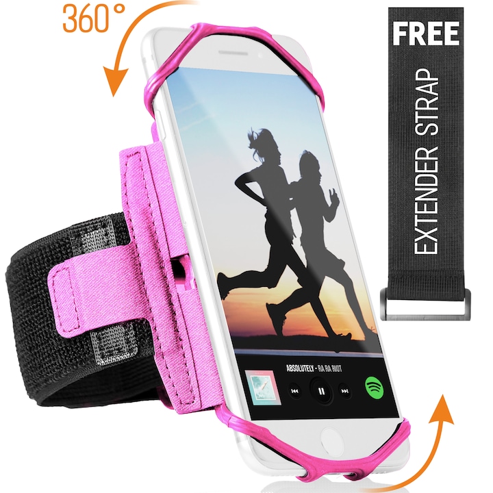 Husa banderola telefon pentru brat/mana pentru alergat, yoga, fitness, sala, Universala, cu 360° rotire, Armband suport pentru brat smartphone jogging, Ideas4Comfort ®, Roz