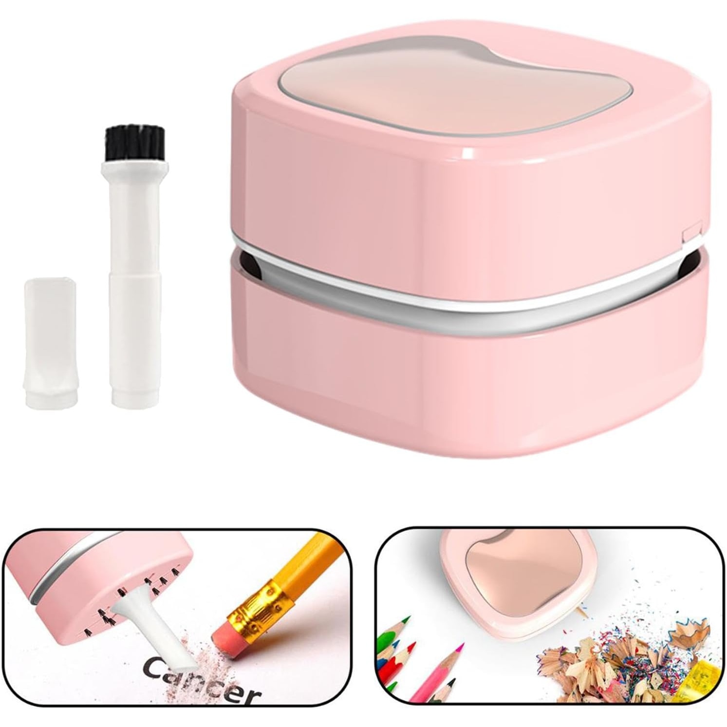 Aspirator portabil mini pentru birou, roz, cu perie rotativa 360°