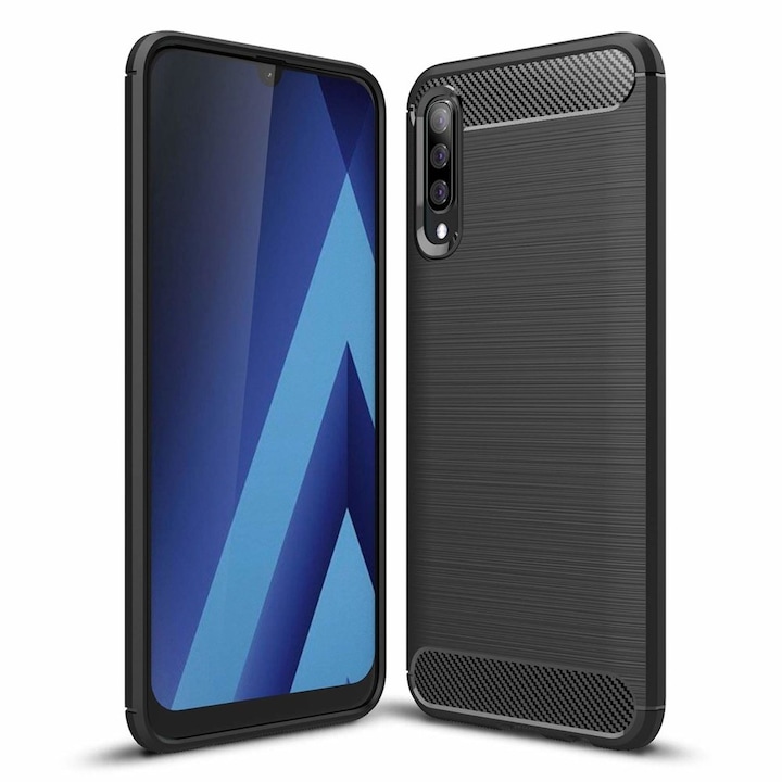 Husa protectie Mat-Tech compatibila cu Samsung Galaxy A70, Textura Carbon, Finisaj Mat, Anti-Shock, Anti-Fingerprint, Rezistenta la impact, Negru