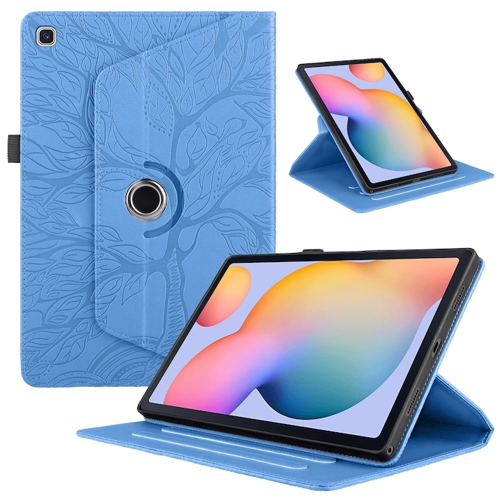 Husa tableta compatibila cu Samsung Galaxy Tab S6 Lite, piele cu design arbore de viataembosat, rotire, albastru