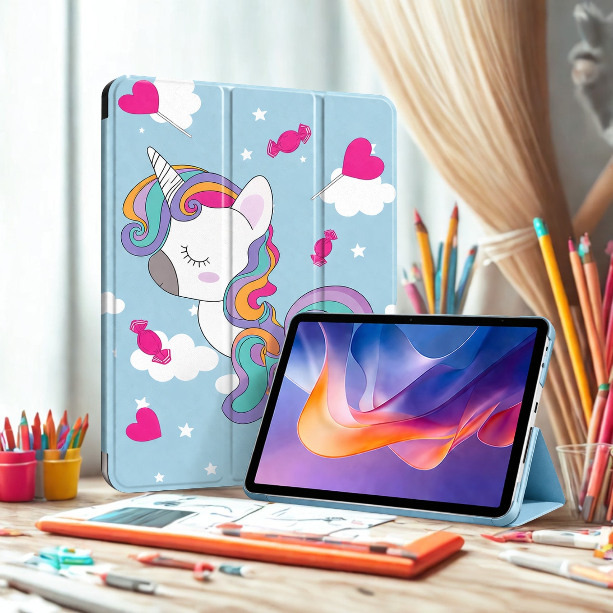 Husa tableta StandPro pentru Apple iPad Air 13 (2024) / Air 13 (2025) / Air 13 (2026), Protectie 360°, Carcasa Rigida, Piele ECO, Anti-soc si Anti-zgarieturi, Unicorn
