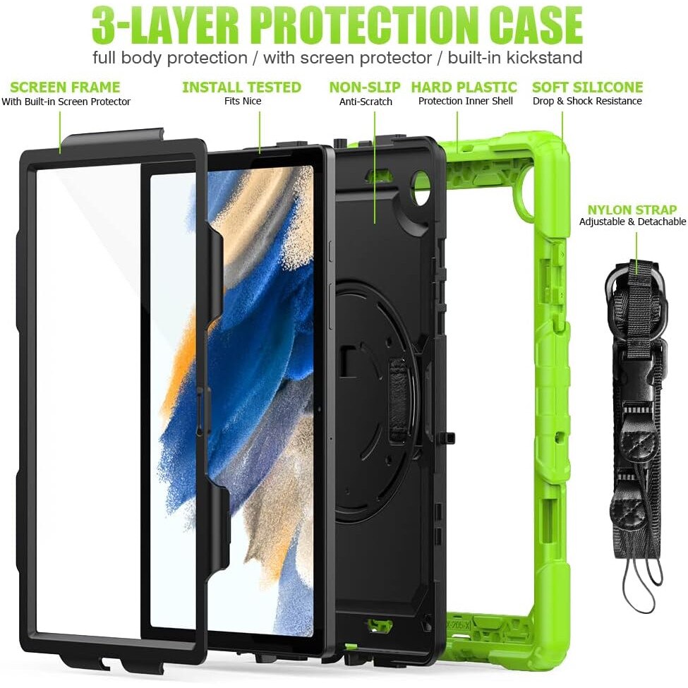 Pachet 360 pentru Samsung Galaxy Tab A8 (X200/X205/X207) 10.5" 2022 – cu folie inclusa, curea de umar si suport rotativ, Negru + Verde