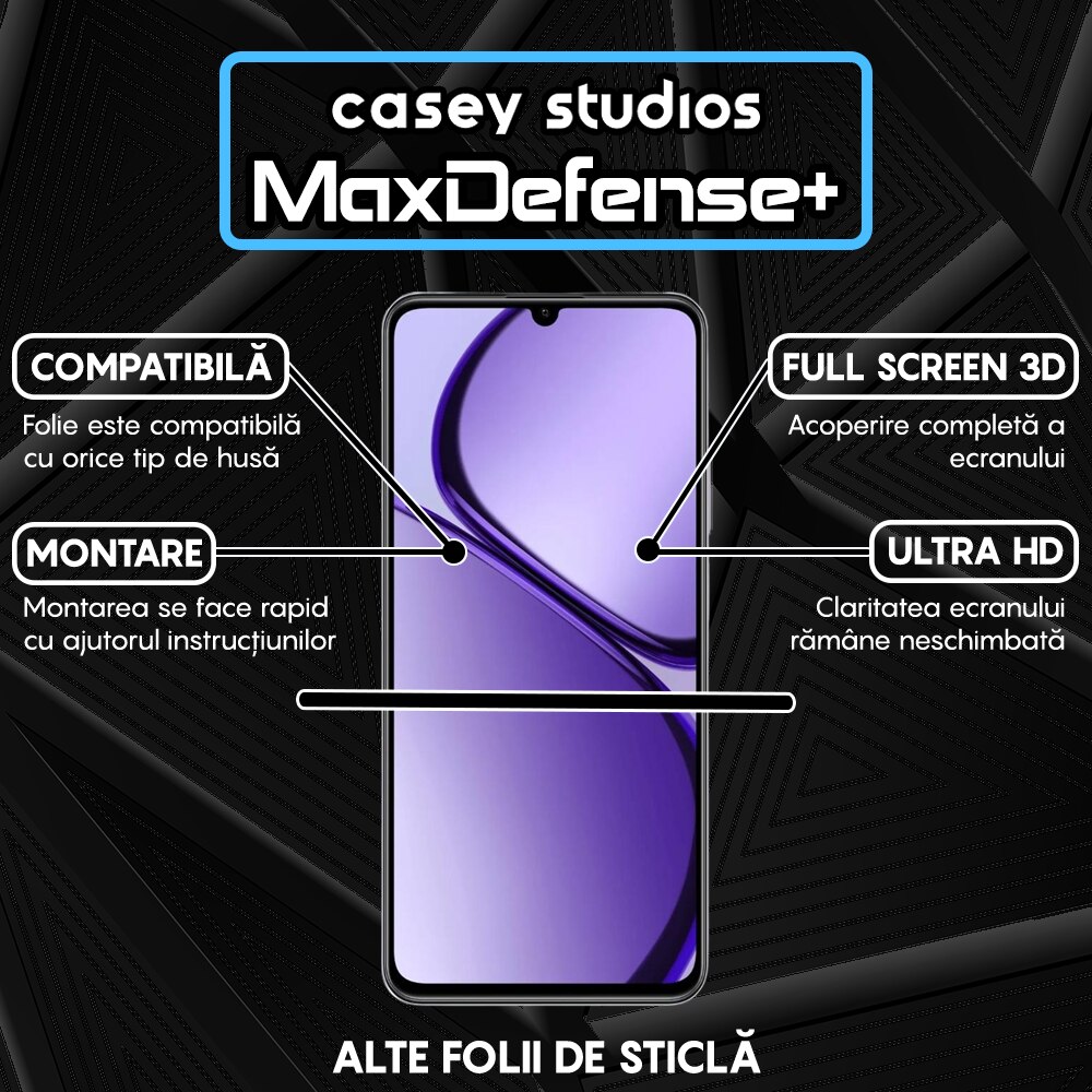 Folie Sticla CASEY STUDIOS™ compatibila cu Realme Narzo N63, Full Cover 3D, Full Glue, Duritate Militara, Ultra HD, Anti Zgarieturi, Anti Amprente, Anti Socuri, Margini Negre