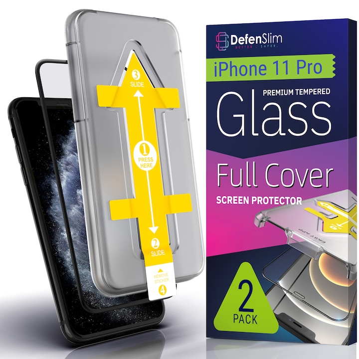 Set 2 Folii sticla pentru iPhone 11 Pro, Full Cover 3D, DefenSlim, instalare usoara si rapida cu dispozitiv de potrivire automata in 30 sec cu Easy Install Kit patentat, protectie telefon