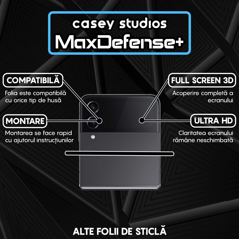 Folie Sticla CASEY STUDIOS™ compatibila cu Samsung Galaxy Z Flip4, Full Cover 3D, Full Glue, Duritate Militara, Ultra HD, Anti Zgarieturi, Anti Amprente, Anti Socuri, Margini Negre