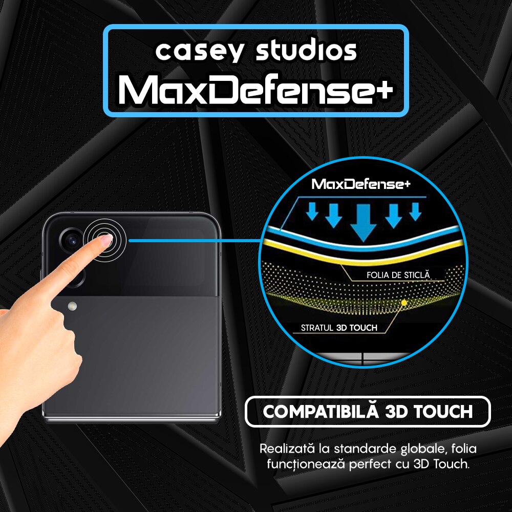 Folie Sticla CASEY STUDIOS™ compatibila cu Samsung Galaxy Z Flip4, Full Cover 3D, Full Glue, Duritate Militara, Ultra HD, Anti Zgarieturi, Anti Amprente, Anti Socuri, Margini Negre