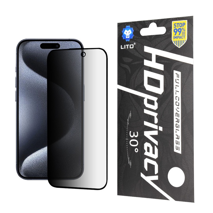 Folie de protectie Ecran Privacy Lito HD Pro pentru Apple iPhone 15 Pro, Sticla Securizata, Full Glue