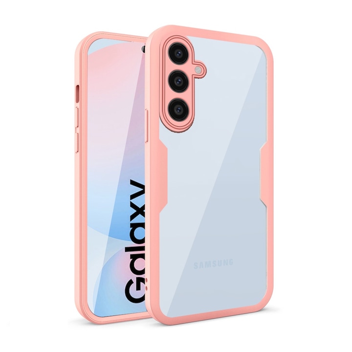 Husa 360 grade compatibila cu Samsung Galaxy A05s, Cu protector de ecran inclus, Rezistenta la socuri, Anti-ingalbenire, Anti-zgarieturi, Durabila, Margini inaltate de 3mm, Roz/Transparent