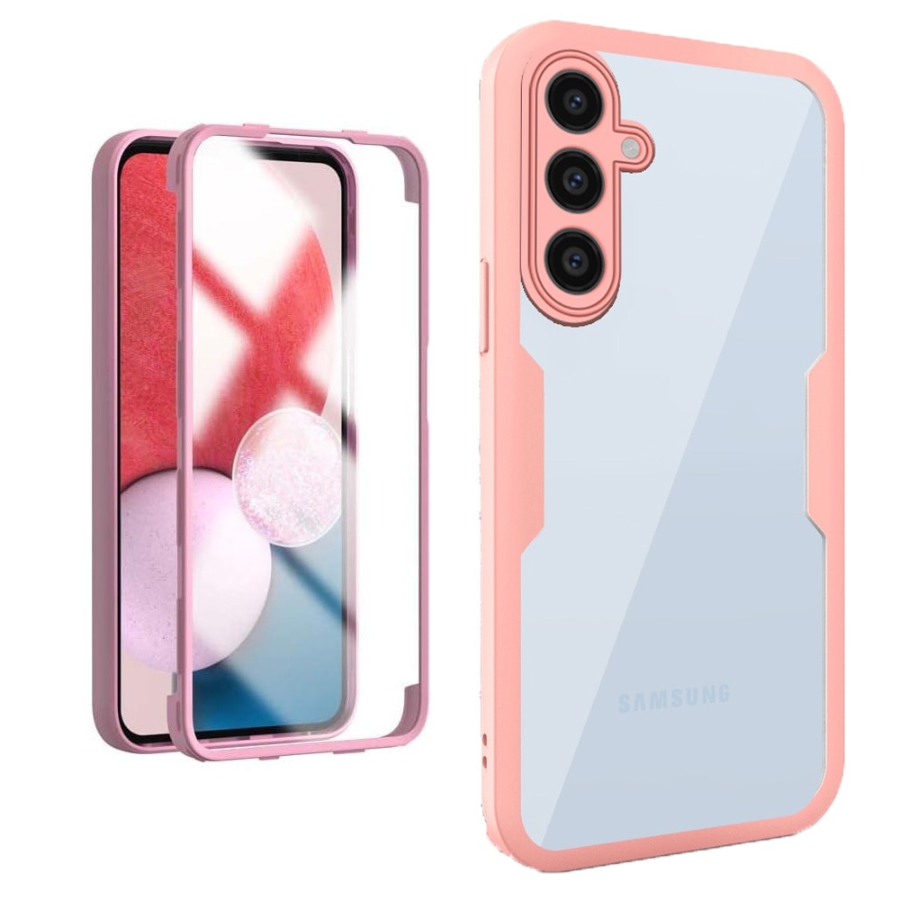 Husa 360 grade compatibila cu Samsung Galaxy A05s, Cu protector de ecran inclus, Rezistenta la socuri, Anti-ingalbenire, Anti-zgarieturi, Durabila, Margini inaltate de 3mm, Roz/Transparent