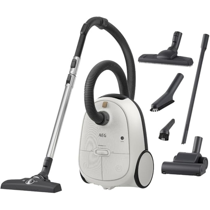 Aspirator cu sac AEG AB61H6SW / Putere mare de aspiratie pe toate tipurile de pardoseala / Include duze suplimentare / Ideal pentru astmatici, alergici si proprietari de animale / Cablu de 12 m / 850 W