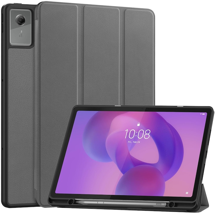 Husa tablete, XGSM, pentru Lenovo Idea Tab Plus, gri, functie suport, material PU si PC