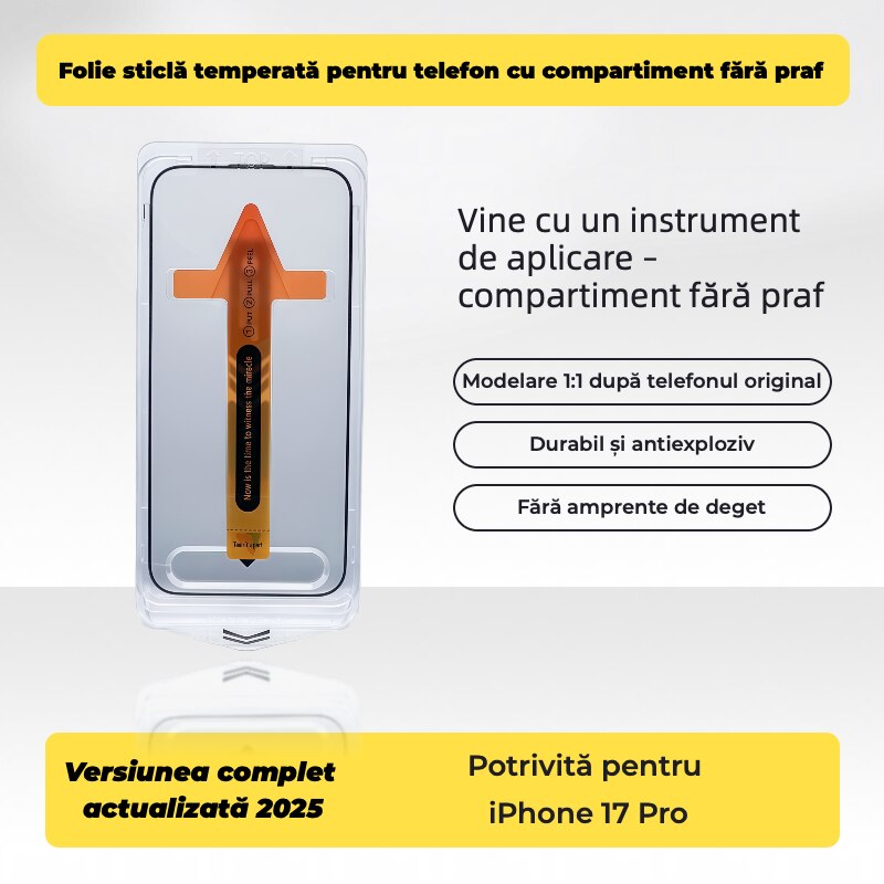 Folie HD pentru iPhone 17 Pro ×2 – kit de aplicare „pune si trage”, ultraclara, rezistenta la zgarieturi, fara bule, lipire perfecta