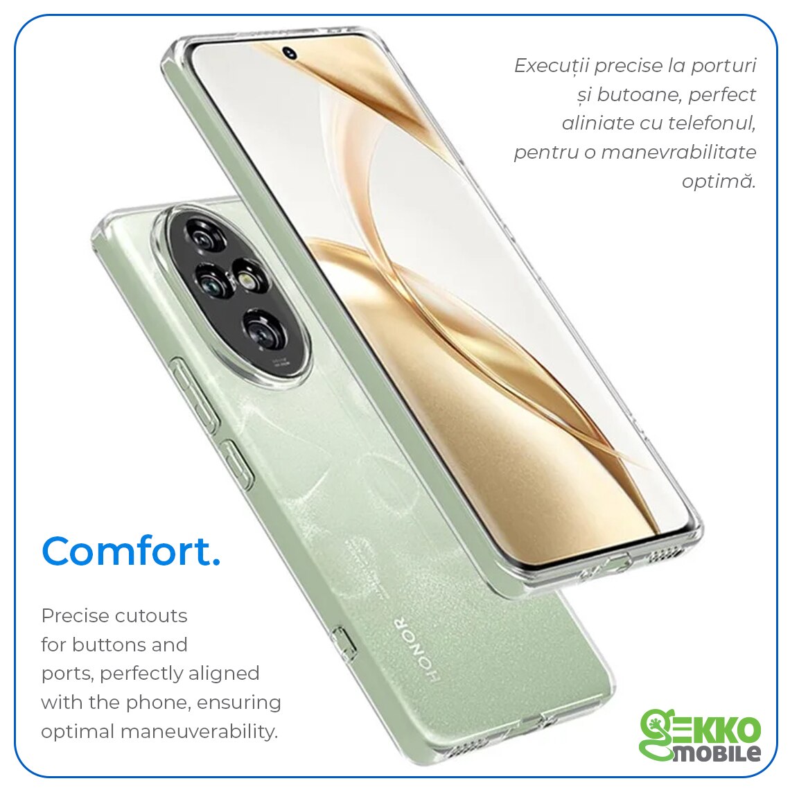 Husa protectie pentru Honor 200 Pro, din silicon gel, Slim, Ultra Clear, margini ridicate, decupaje protectie camere, 2MGekko, Transparenta
