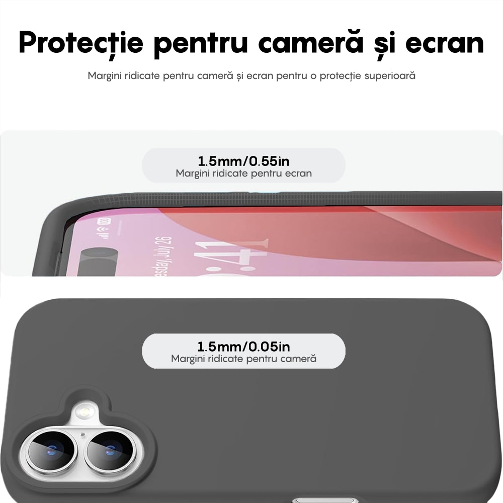 Husa CASEY STUDIOS™ compatibila cu iPhone 16 Plus, Soft Silicone Premium, Microfibra in Interior, Dark Grey, de Protectie, Ultra Slim, pentru Incarcare Wireless, Margini Ridicate de Protectia Ecranului si a Camerelor