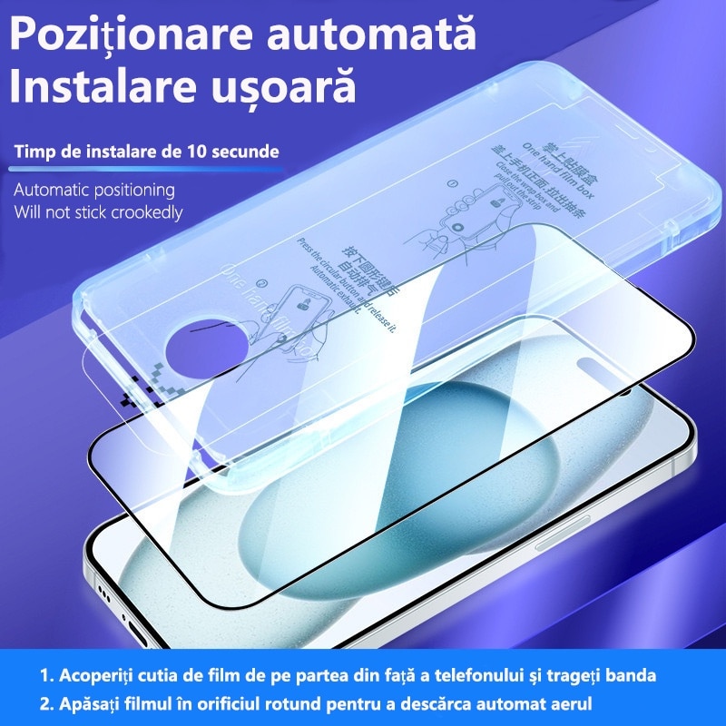 Folii de protectie telefoane, Protector de ecran HD, Sticla securizata, Anti-amprenta, 9H+, Pentru iPhone 16, Ultra-clear, Vine cu un dispozitiv simplu de instalare pentru o pozitionare precisa