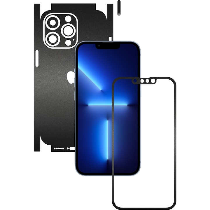 Folie Protectie Carbon Skinz pentru Apple iPhone 13 Pro - Negru Mat 360 Cut, Skin Adeziv Full Body Cover pentru Rama Ecran, Carcasa Spate si Laterale