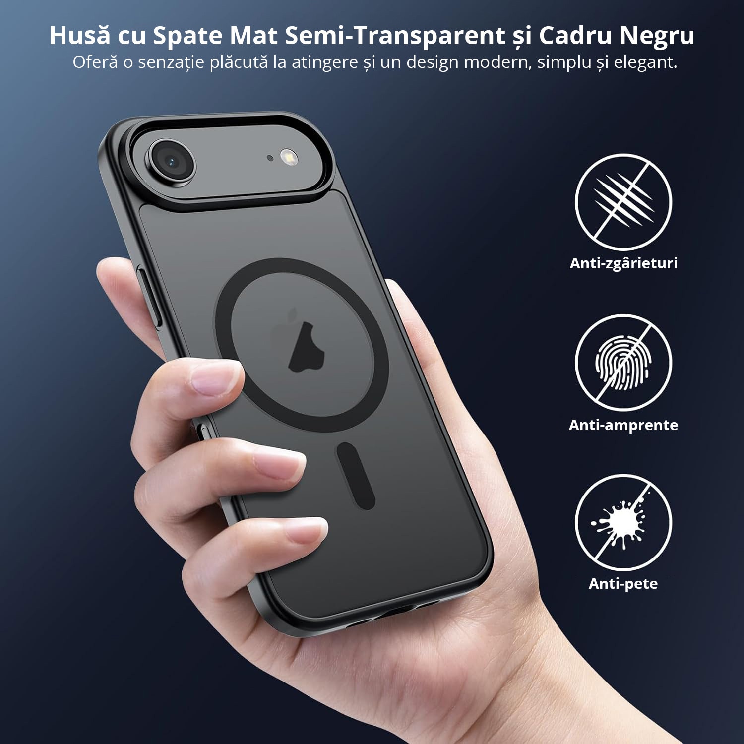 Husa pentru iPhone AIR, MobileSmart, MagSafe, Spate Mat Semitransparent, Protectie Camera, Antisoc, Negru