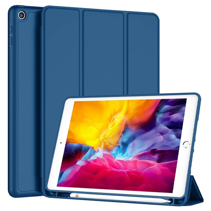 Husa tip Carte cu Suport Pix pentru Apple iPad 10.2 inch 7/8/9, 2019/2020/2021, Protectie completa, Pliabila, Bleumarin
