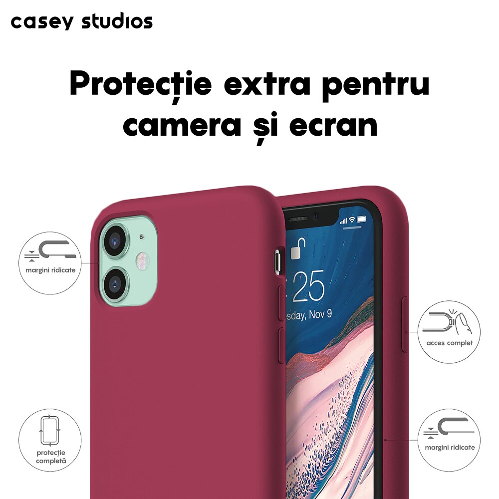 Husa CASEY STUDIOS™ pentru Apple iPhone 11, Soft Silicone Premium, Microfibra in Interior, Burgundy, de Protectie, Ultra Slim, pentru Incarcare Wireless, Margini Ridicate pentru Protectia Ecranului si a Camerelor