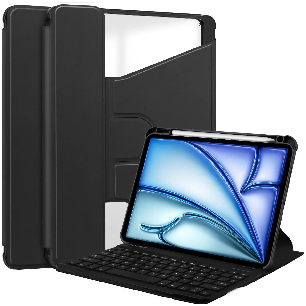 Husa 360° cu Tastatura Bluetooth pentru Apple iPad Air 11" – Albastra, Piele Ecologica, Suport Ajustabil, Acces Complet la Porturi, Baterie Lithium-Ion, Indicator LED, Set 2 Piese