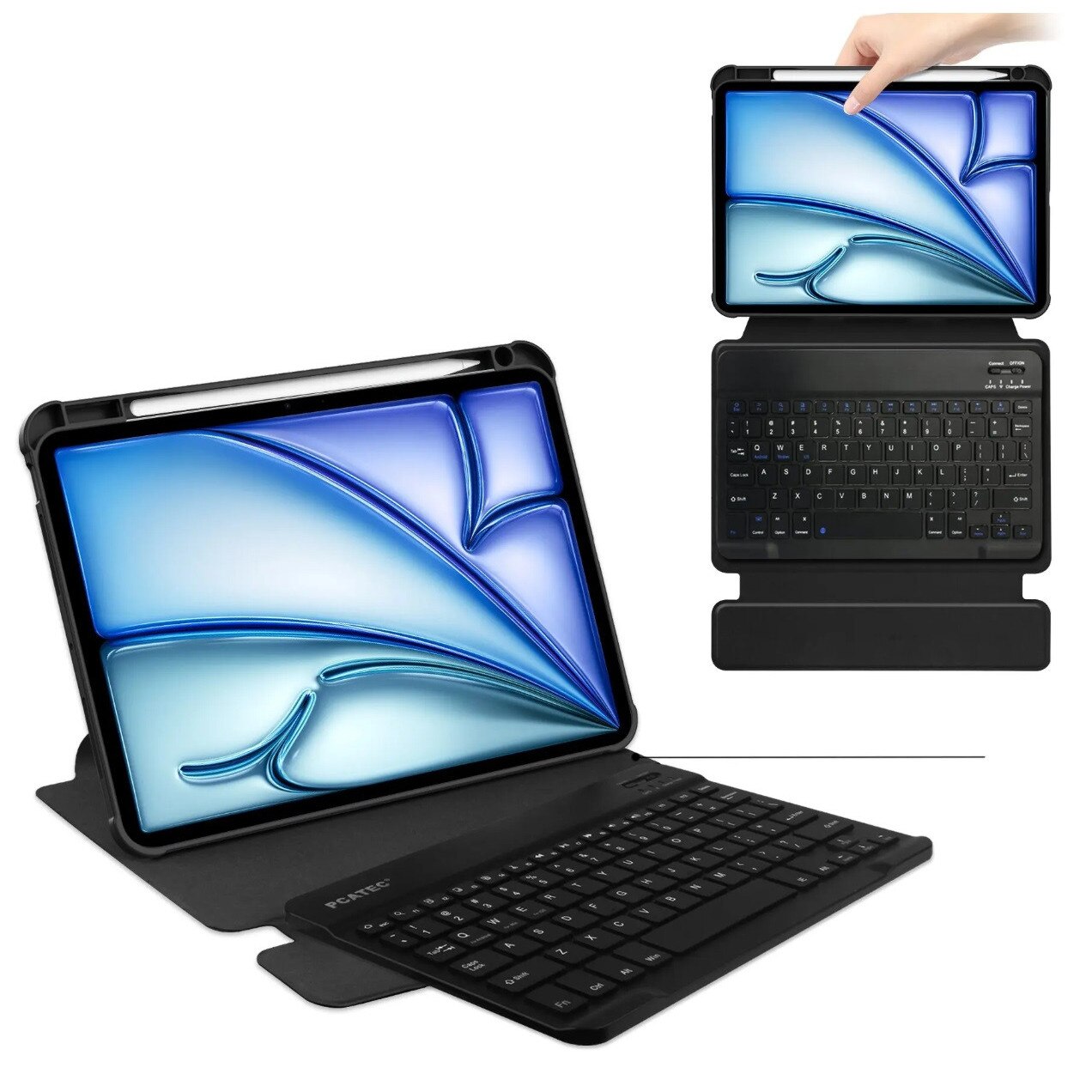 Husa 360° cu Tastatura Bluetooth pentru Apple iPad Air 11" – Albastra, Piele Ecologica, Suport Ajustabil, Acces Complet la Porturi, Baterie Lithium-Ion, Indicator LED, Set 2 Piese