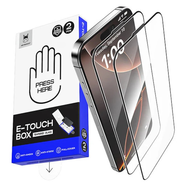 Folie Telefon HD Compatibila cu iPhone 16 Pro, HEYBINGO, E-Touch Box, 2 Buc, din Sticla Securizata Duritate 9H, Cu Kit de Aplicare Instanta si Functie Automata de Indepartare a Prafului, Rezistenta la zgarieturi, Protectie Ecran Premium