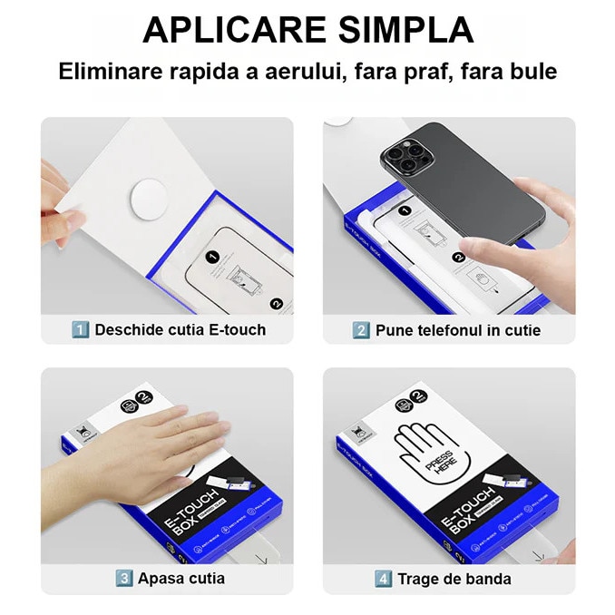 Folie Telefon HD Compatibila cu iPhone 16 Pro, HEYBINGO, E-Touch Box, 2 Buc, din Sticla Securizata Duritate 9H, Cu Kit de Aplicare Instanta si Functie Automata de Indepartare a Prafului, Rezistenta la zgarieturi, Protectie Ecran Premium