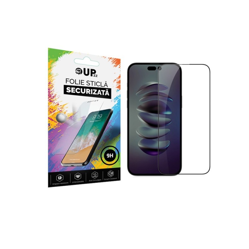 Folie Sticla Securizata Upzz Rinbo Compatibila Cu iPhone 15 Pro, Adeziv Pe Toata Suprafata, Full Cover, Duritate 9h