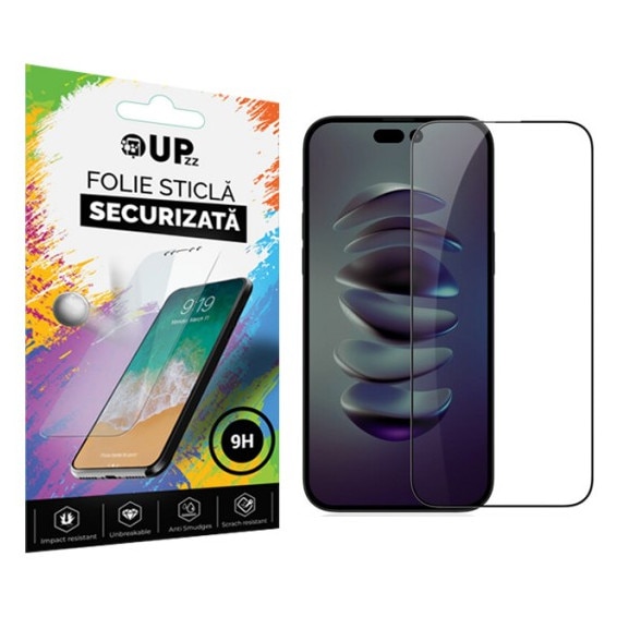 Folie Sticla Securizata Upzz Rinbo Compatibila Cu iPhone 15 Pro, Adeziv Pe Toata Suprafata, Full Cover, Duritate 9h