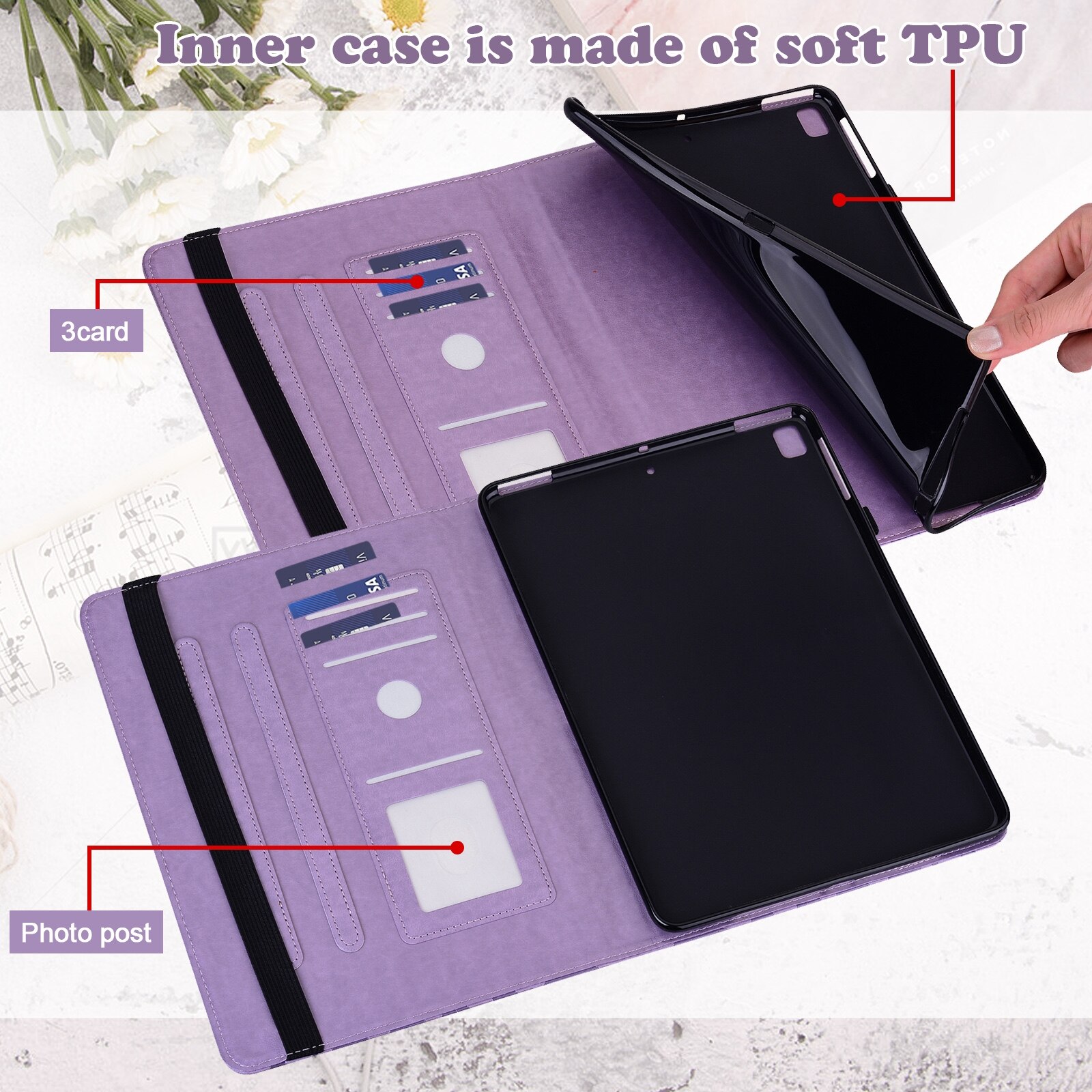 Husa tableta pentru Lenovo M10 TB-X505L, model cu imprimeu copac si cerb, din piele PU cu design orizontal, suport si sloturi pentru carduri, violet