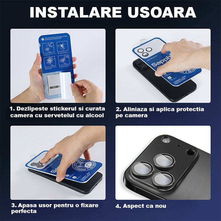 Folie Camera din sticla pentru iPhone 17 Pro Max, Din Safir 99.9 % Certificat GIA, Full Cover, Protectie Profesionala, Ultra Rezistenta, Calitate Premium