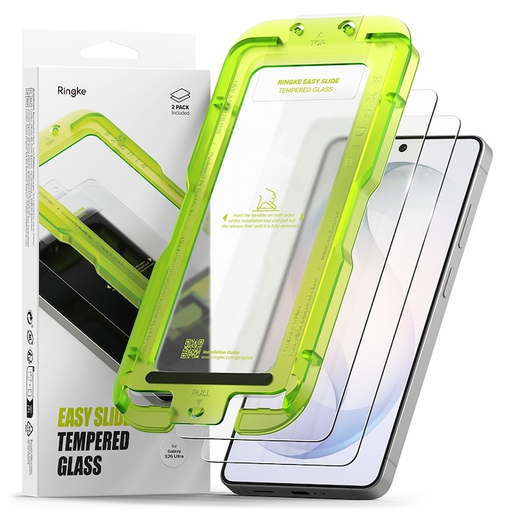 Pachet 2 buc Folie Sticla pentru Samsung Galaxy S26 Ringke Easy Slide, Kit de instalare usoara si rapida cu dispozitiv de potrivire automata, Protectie Profesionala, Ultra Rezistenta, Transparenta
