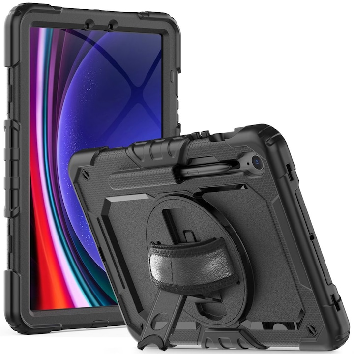 Compatibil cu Samsung Galaxy Tab S10 FE 10,9 inch (SM-X520, SM-X526) - SOLID360 husă tabletă rezistentă la șocuri, cu suport, negru