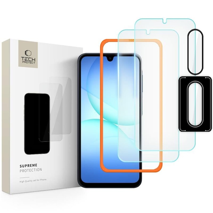 Kit protectie Tech-Protect Easy Set Plus, 2x Folie ecran, 1x Protectie camera foto, 2x Set instalare, compatibil cu Samsung Galaxy A17 4G / 5G, Transparent
