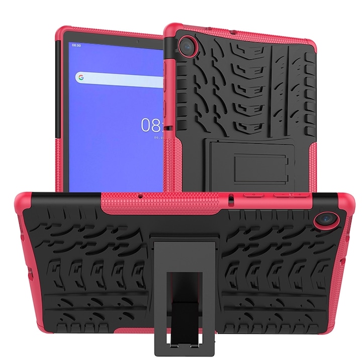 Husa tableta pentru Lenovo Tab M10 Plus TB-X606F, textura de anvelopa, protectie soc + TPU+PC, cu suport, culoare roz vibrant