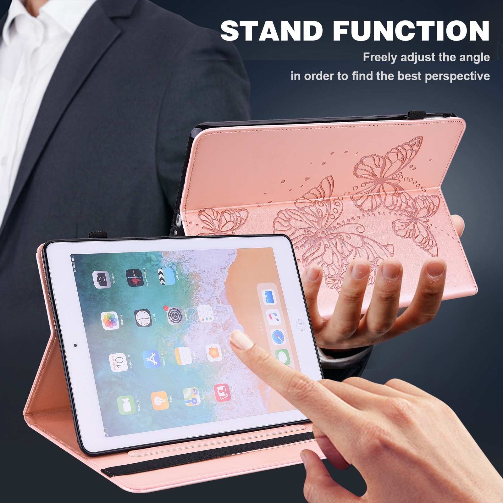Husa tableta pentru Lenovo Tab M10 3rd Gen, model fluturi gravat, piele, tip carte, suport, roz