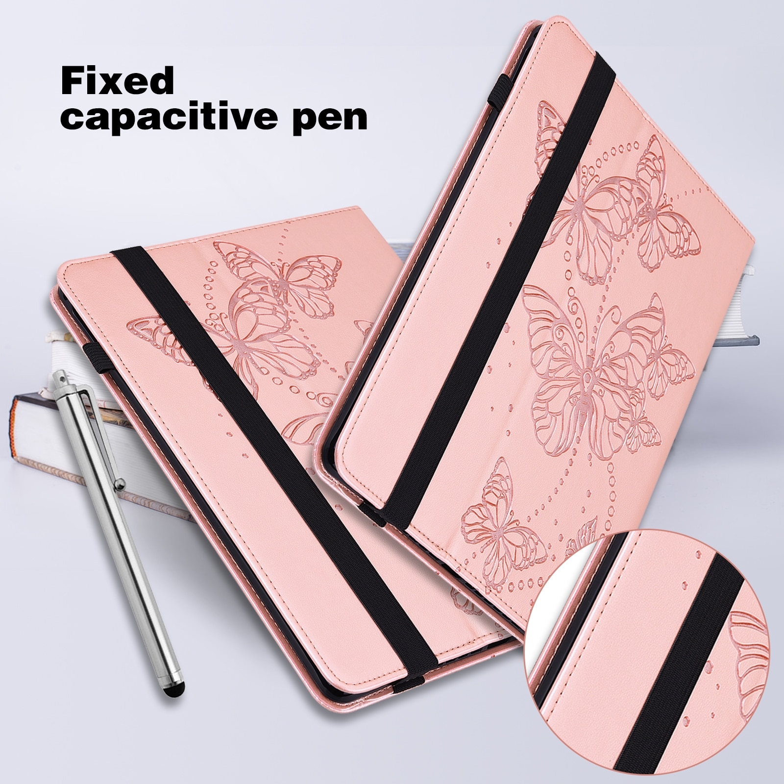 Husa tableta pentru Lenovo Tab M10 3rd Gen, model fluturi gravat, piele, tip carte, suport, roz