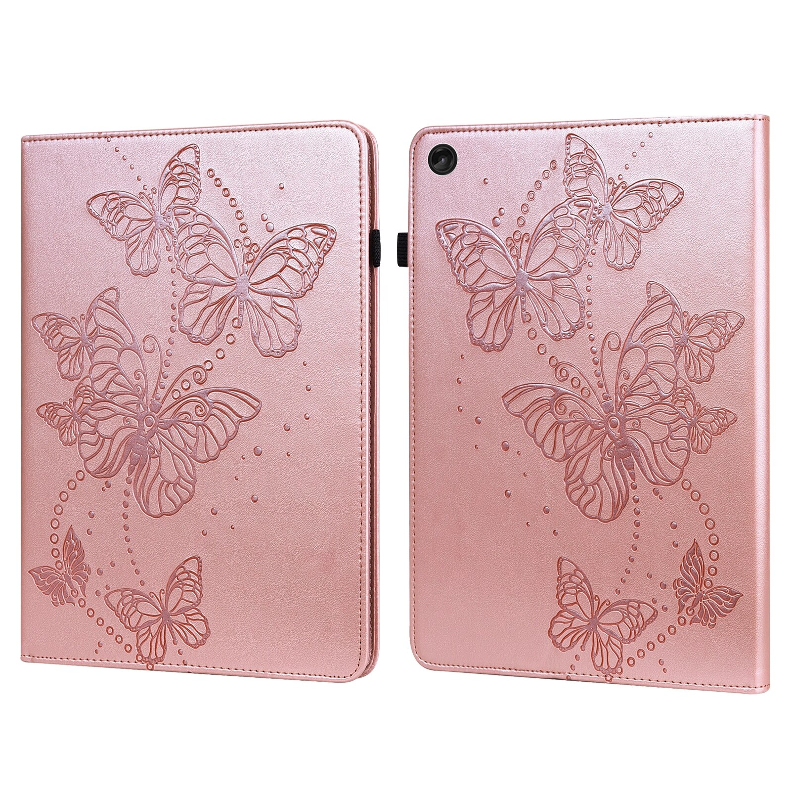 Husa tableta pentru Lenovo Tab M10 3rd Gen, model fluturi gravat, piele, tip carte, suport, roz