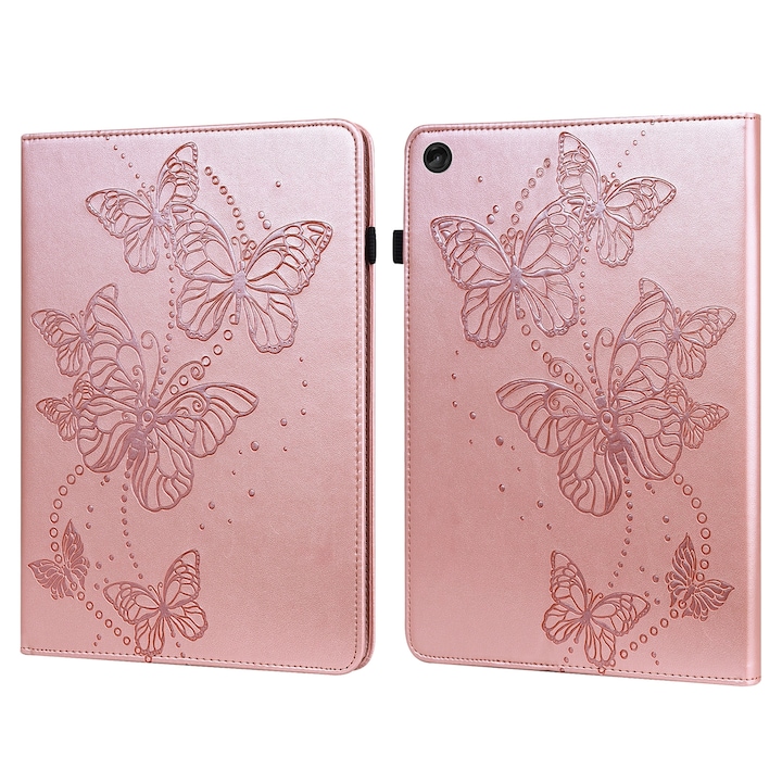 Husa tableta pentru Lenovo Tab M10 3rd Gen, model fluturi gravat, piele, tip carte, suport, roz