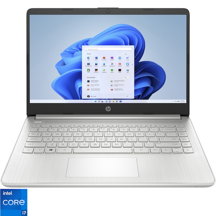 Laptop ultraportabil HP 14s-dq5003nq cu procesor Intel® Core™ i7-1255U pana la 4.70 GHz, 14", Full HD, 16GB, 512GB SSD, Intel® Iris® Xe Graphics, Windows 11 Home, Natural Silver