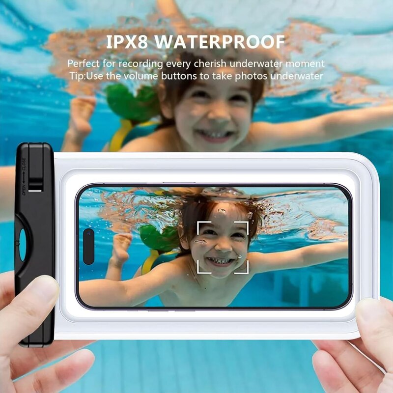 Set de 2 huse subacvatice, Husa rezistenta la apa pentru telefon de 7 inchi cu geanta impermeabila pentru talie, Submersibila pentru inot pe plaja, Plimbari cu barca, Pescuit, husa de protectie pentru telefon mobil, Negru/Transparent