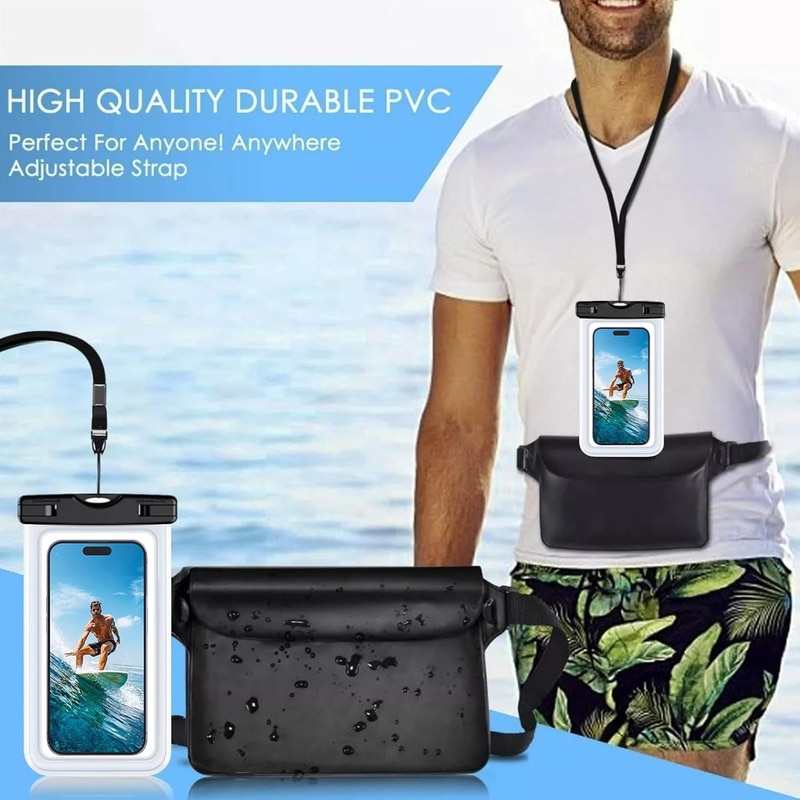 Set de 2 huse subacvatice, Husa rezistenta la apa pentru telefon de 7 inchi cu geanta impermeabila pentru talie, Submersibila pentru inot pe plaja, Plimbari cu barca, Pescuit, husa de protectie pentru telefon mobil, Negru/Transparent
