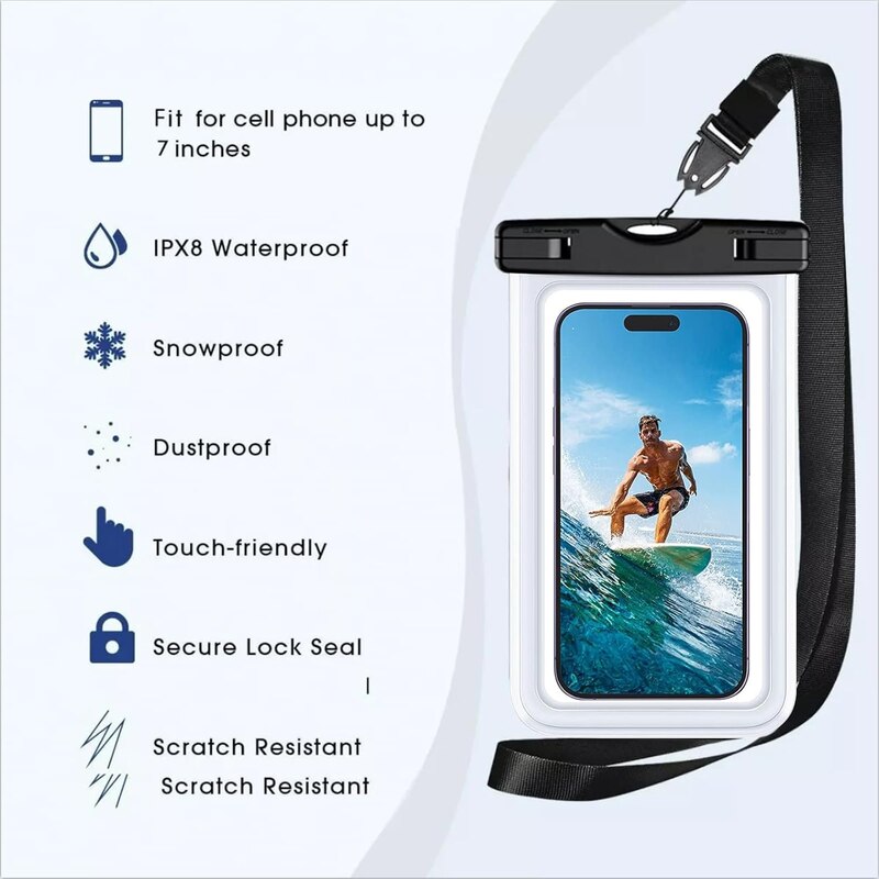 Set de 2 huse subacvatice, Husa rezistenta la apa pentru telefon de 7 inchi cu geanta impermeabila pentru talie, Submersibila pentru inot pe plaja, Plimbari cu barca, Pescuit, husa de protectie pentru telefon mobil, Negru/Transparent