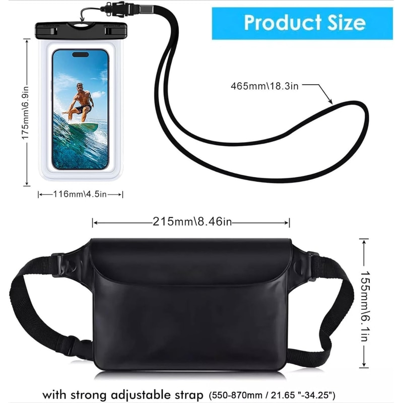 Set de 2 huse subacvatice, Husa rezistenta la apa pentru telefon de 7 inchi cu geanta impermeabila pentru talie, Submersibila pentru inot pe plaja, Plimbari cu barca, Pescuit, husa de protectie pentru telefon mobil, Negru/Transparent