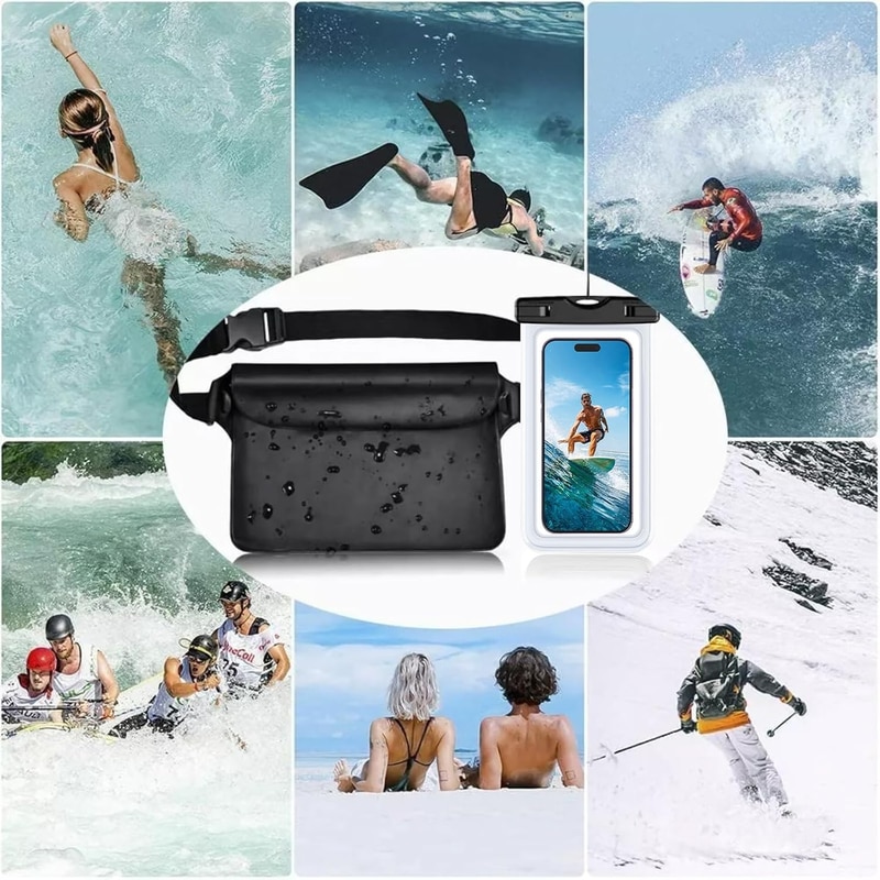 Set de 2 huse subacvatice, Husa rezistenta la apa pentru telefon de 7 inchi cu geanta impermeabila pentru talie, Submersibila pentru inot pe plaja, Plimbari cu barca, Pescuit, husa de protectie pentru telefon mobil, Negru/Transparent