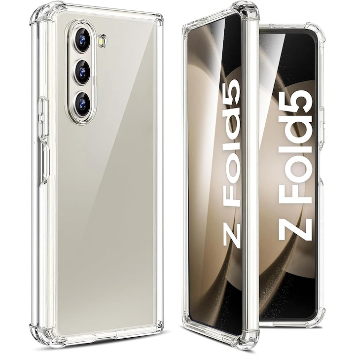 Husa protectie compatibila cu Samsung Galaxy Z Fold 5, Antisoc, Premium Quality, transparenta din silicon si policarbonat, 2 piese