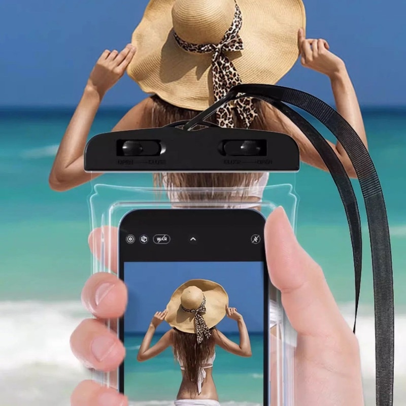 Carcasa de telefon mobil rezistenta la apa din PVC transparent, carcasa de telefon, utilizare subacvatica, IPX8， Negru, dimensiuni universale