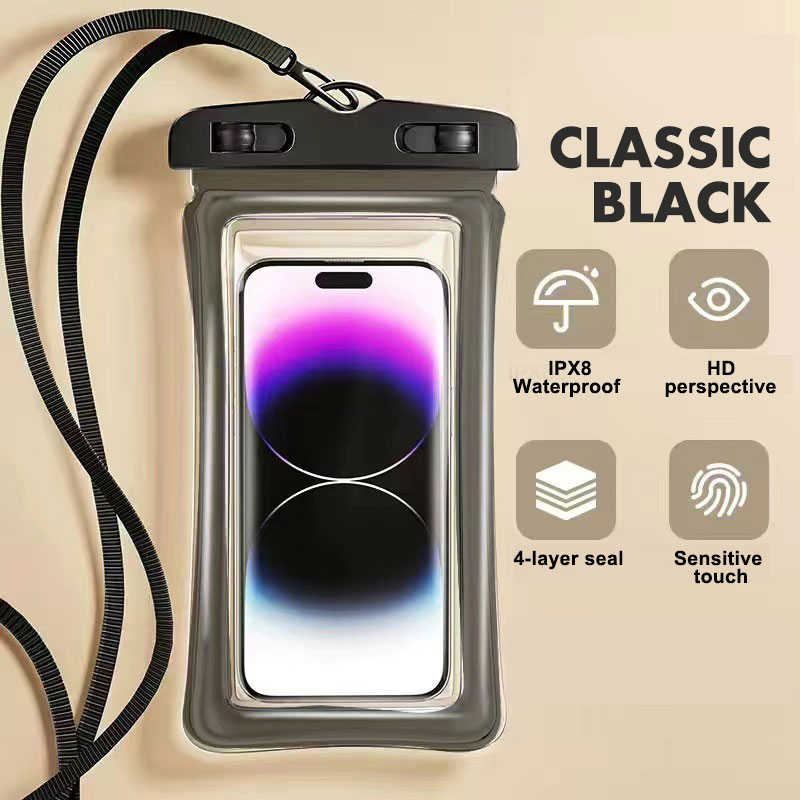 Carcasa de telefon mobil rezistenta la apa din PVC transparent, carcasa de telefon, utilizare subacvatica, IPX8， Negru, dimensiuni universale