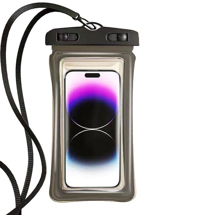 Carcasa de telefon mobil rezistenta la apa din PVC transparent, carcasa de telefon, utilizare subacvatica, IPX8， Negru, dimensiuni universale