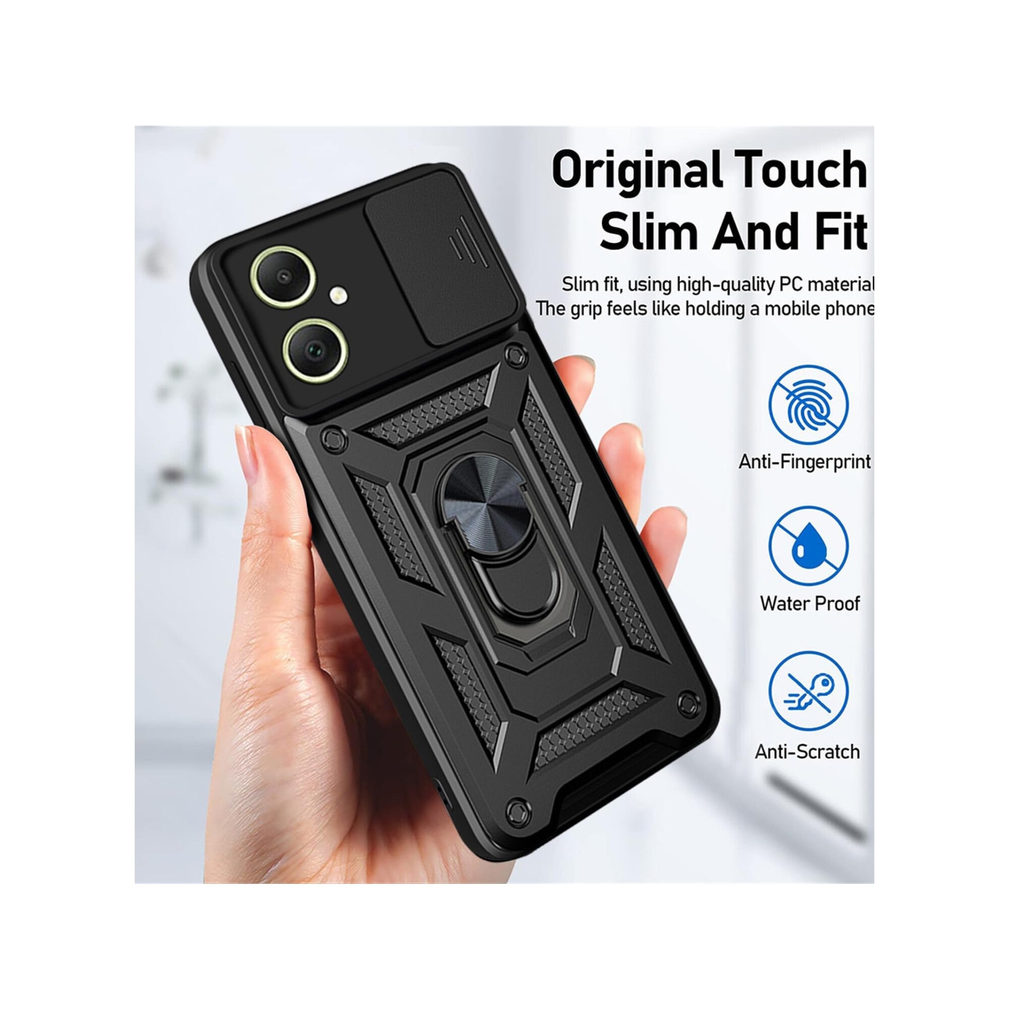 Husa telefon, pentru Samsung Galaxy A06 4G Capac de obiectiv al camerei glisante, inel rotativ 360°, Negru